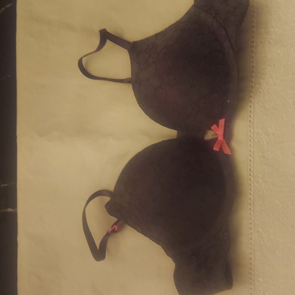 Gray Lace bra pink bow.